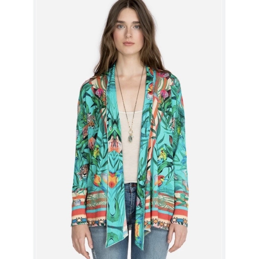 Johnny Was Taina Swing Knit‎ Cardigan Size Medium Waterfall Open Front Floral